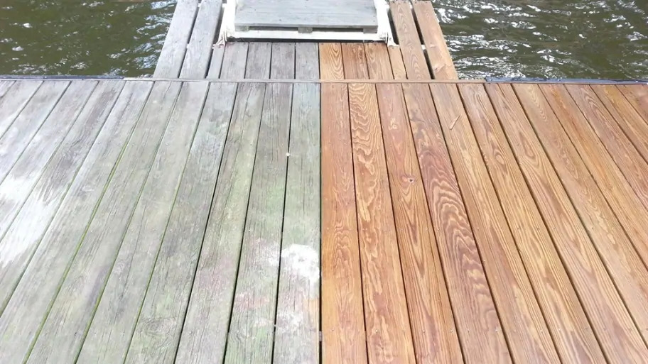 before and after pressure washing a deck