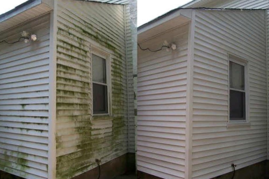 white siding before and after cleaning