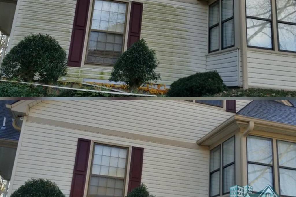 before and after white house siding with maroon shudders